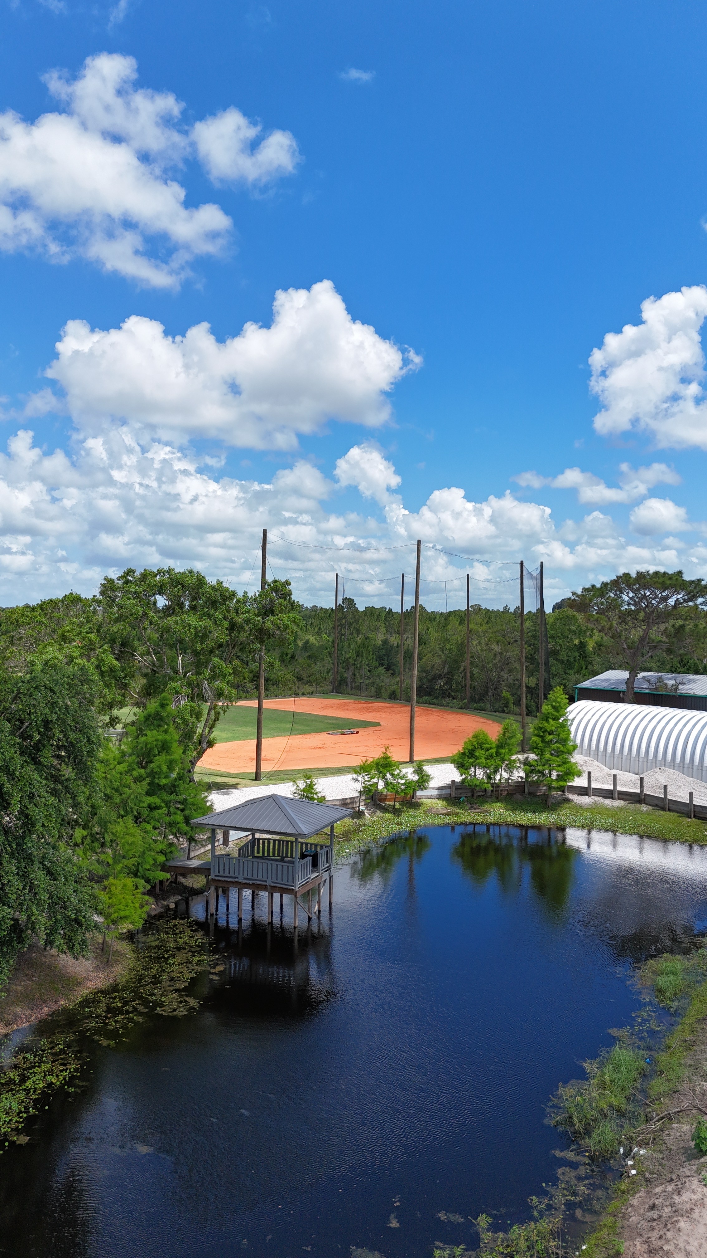 Aerial view of the DDLA baseball field, batting cages, and pond