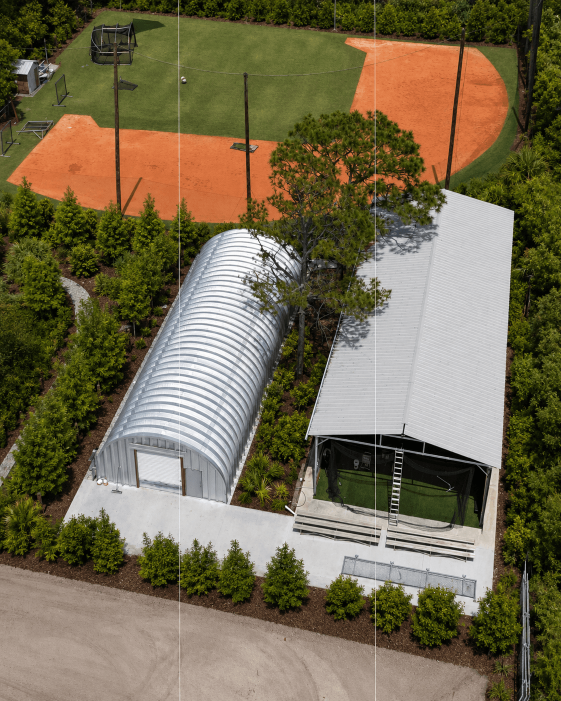 Aerial view of the DDLA batting cages and training barn