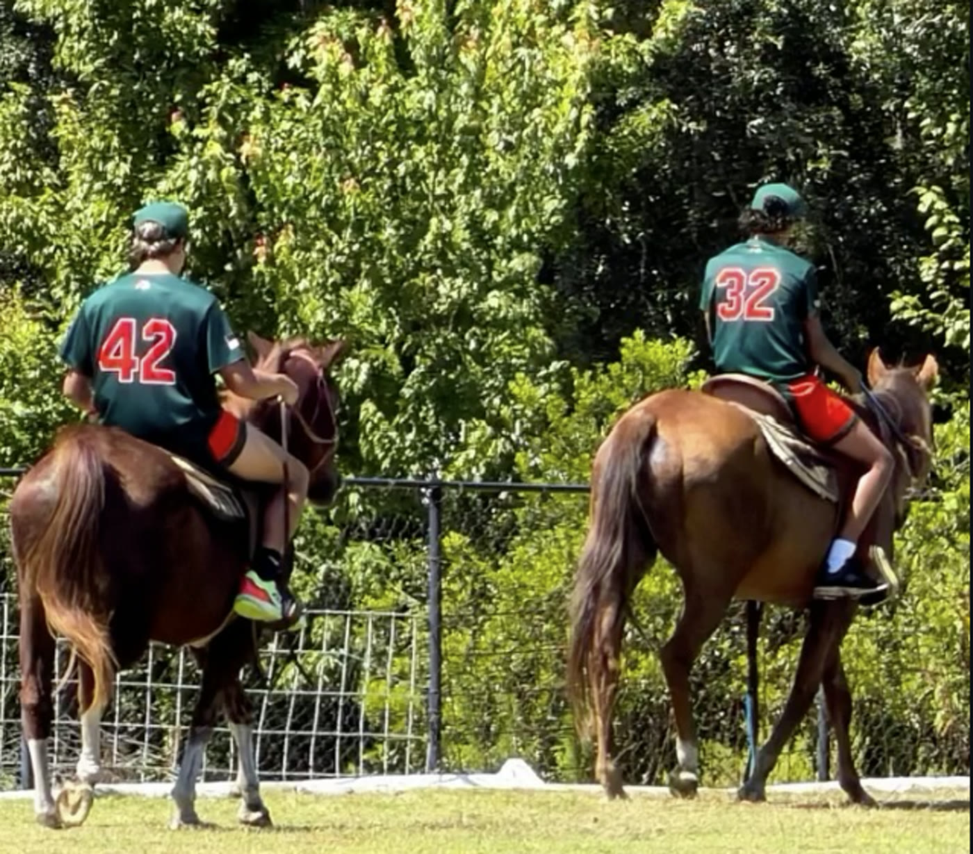 DDLA athletes in uniform riding horses on the farm